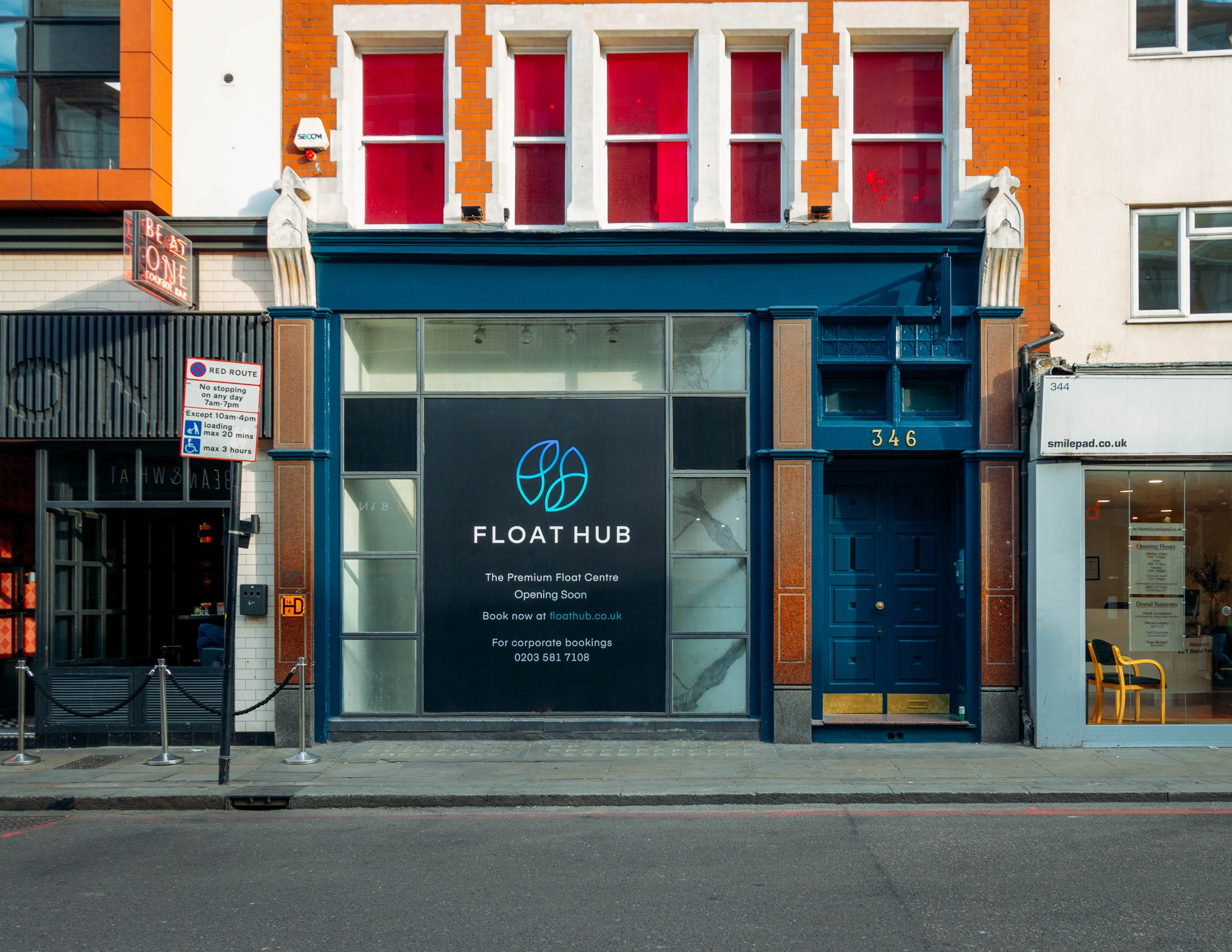 Float Hub exterior during float center membership launch, coming soon signage, Shoreditch London